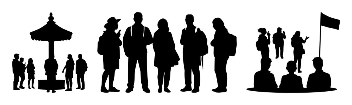 Guided tour group icon set with solid black icon on bright white background featuring travel, group, tour with guide and icon