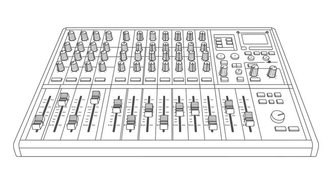 Professional audio mixer board with multiple channels and controls