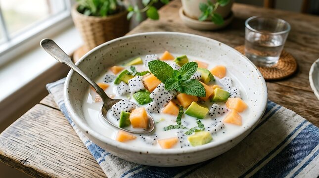 Salad buah segar dengan santan di atas meja kayu pedesaan dalam cahaya alami siang hari