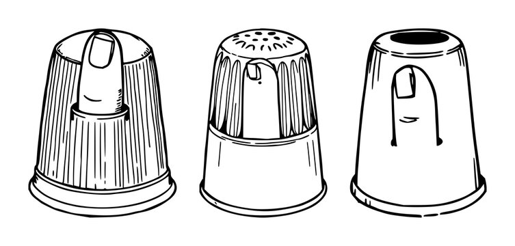 Metal thimble set with hand-drawn line art illustration showing a finger inside featuring metal, thimble, finger with white background and graphic design