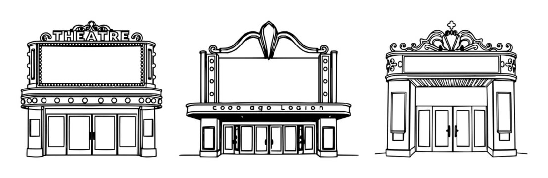 Vintage theater marquee set with hand-drawn line art empty marquee on white background featuring hand-drawn, line art, vintage with white background and theater marquee