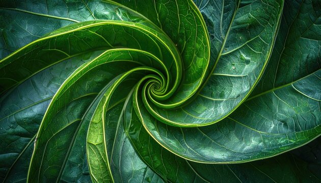 Macro Swirl of Vibrant Green Leaves with Tiny Water Droplets Sparkling in Natural Light
