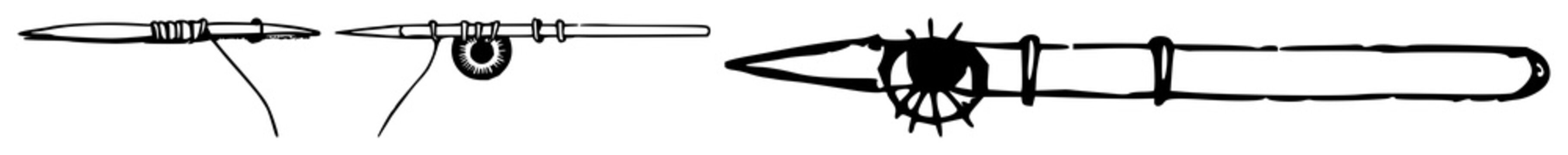 Sewing needle set with organic line art design featuring thin thread, sharp point, and eye with textile and craft elements