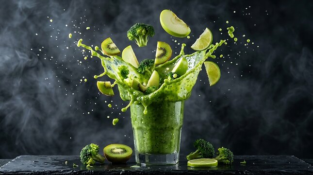 Jus hijau menyegarkan terbuat dari kiwi, apel, brokoli, dan bayam segar yang memercik ke dalam gelas di atas latar belakang gelap