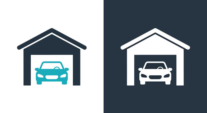 Car inside garage storage icon set - Minimalist, flat icon, outline, glyph, linear, clipart, sticker - icon set