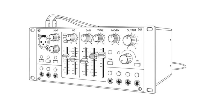 Audio mixer console with multiple channel faders and knobs