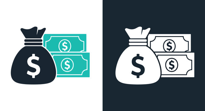 Money bag with cash icon set for finance - Line and glyph solid icon and logo template - Clipart, sticker - icon set