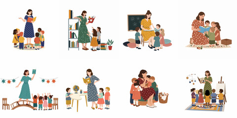 Fototapeta premium Collection of illustrations featuring a female teacher reading books and teaching young children in various classroom and library settings.