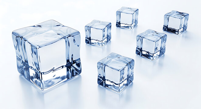 Several clear ice cubes on white reflective surface for cooling drinks and beverages transparent background