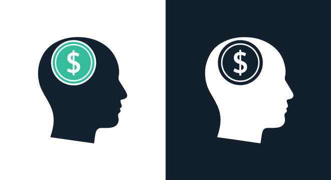 Human head profile with dollar sign - Line and glyph solid icon and logo template - Clipart, sticker - icon set