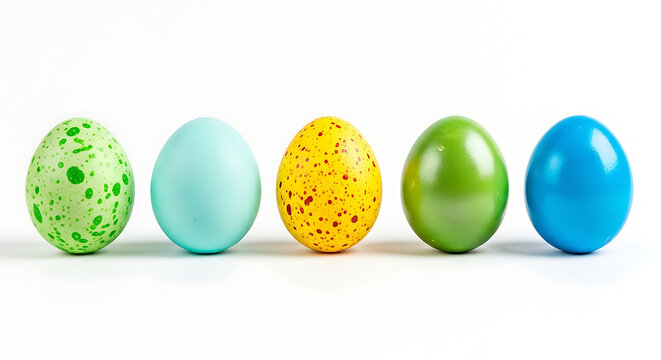Colorful Easter eggs in various patterns and shades on white surface transparent background