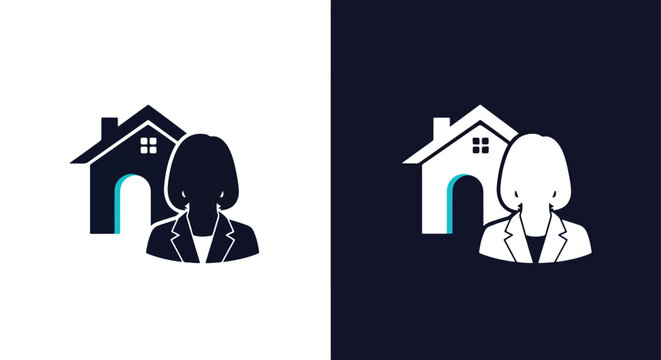Real estate agent with house icon - Line and glyph solid icon and logo template - Clipart, sticker - icon set