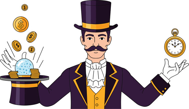 Magician Performing Trick with Top Hat, Coins, and Pocket Watch for Illusion Show and Stage Performance