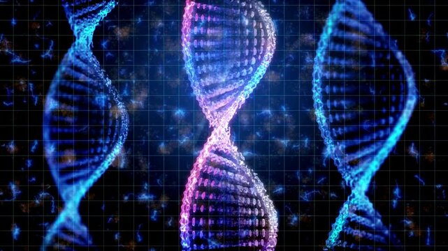 Rotating DNA double helix structures on digital grid background
