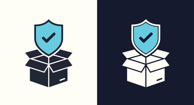 Secure package delivery icon with shield - Line and glyph solid icon and logo template - Clipart, sticker - icon set