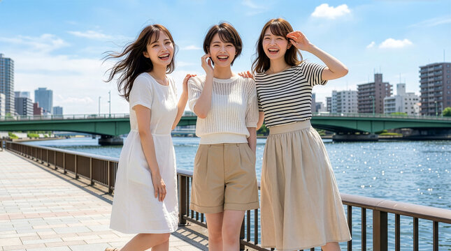 晴天の日の川沿いの遊歩道で、3人の女性が楽しそうに過ごしている様子を捉えた、活気あふれるポジティブなポートレート