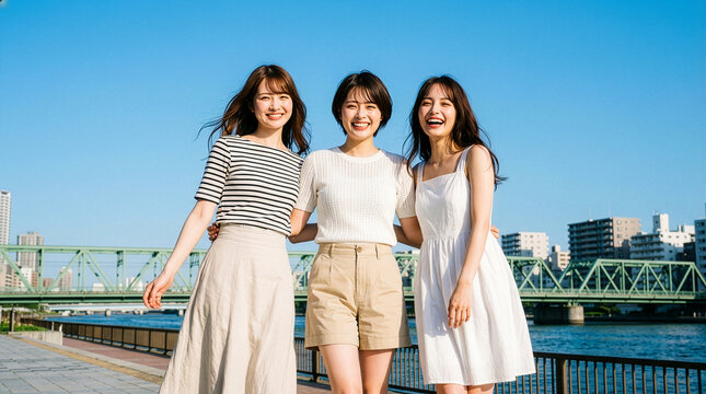 晴天の日の川沿いの遊歩道で、3人の女性が楽しそうに過ごしている様子を捉えた、活気あふれるポジティブなポートレート