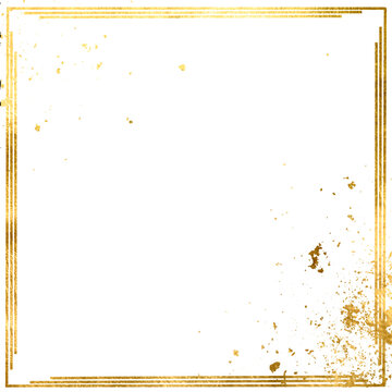 Aesthetic stroke line frame. Gold frame square, square frame, cube, corner, edging. Old gold texture Gold sparkle splatter border. Golden dust Glitter Trail For Wedding greeting card and invitation,