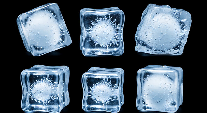 Six clear ice cubes with water droplets on black background transparent background