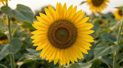 Obraz premium Bright Yellow Sunflower Close Up Petals Summer Bloom. Vibrant sunflower head with detailed golden petals and dark seed center in warm natural daylight, no people