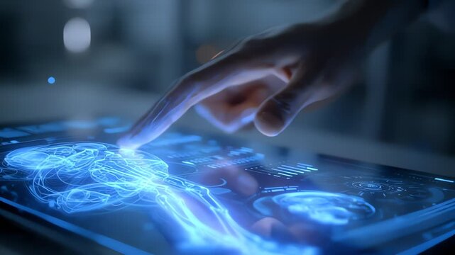 futuristic blue holographic human brain interface with hand interaction on digital screen