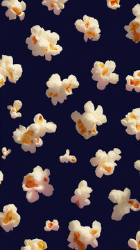popcorn scattered on dark blue background minimal food backdrop with floating kernels snack texture for design and advertising