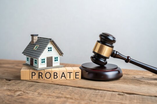 Miniature house and gavel on wooden blocks spelling 'PROBATE', symbolizing legal property matters