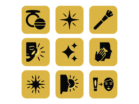 Set of Nine Beauty and Skincare Icons Featuring Makeup Tools and Facial Treatments.