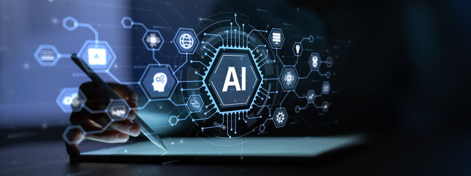 Artificial Intelligence AI Neural Network System with Digital Interface and Interactive Touchscreen Data Processing Technology Concept.