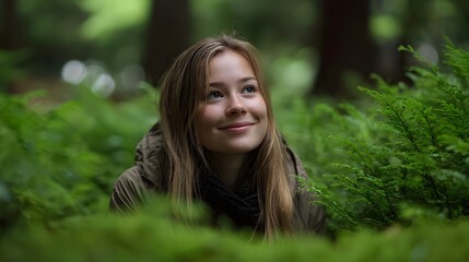 Naklejka premium A young woman peeking through lush green forest foliage with a serene and contemplative expression