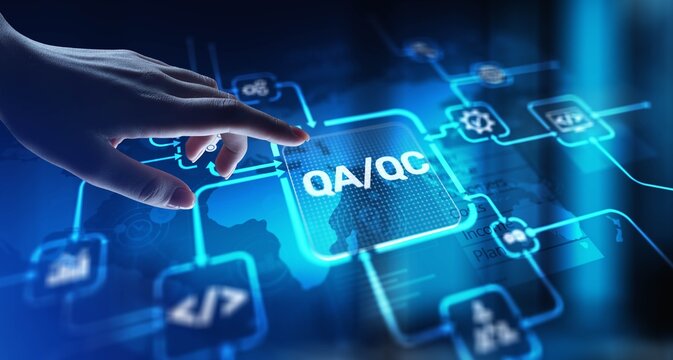 QA QC Quality Assurance and Quality Control for Product Excellence, projection on a virtual screen, Business and Technology Concept.