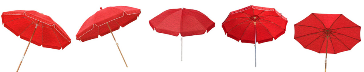 Collection of Red Beach Umbrellas Isolated on White Background, Set of Large Outdoor Patio Parasols in Various Angles and Perspectives for Summer Vacation and Sun Protection Concept © B@kle