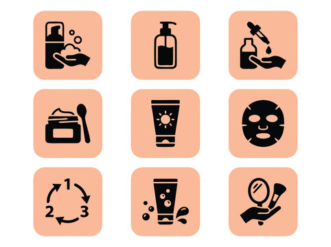 Set of Nine Beauty Skincare Routine Icons in Black Silhouette Style.