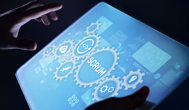 SCRUM, Agile development methodology, programming and application design technology concept on virtual screen.