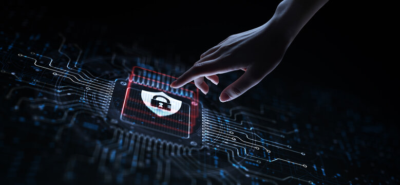 Cyber Security Protecting Systems and Data from Digital Threats Illustrated on a Processor Touched by a Human Hand.