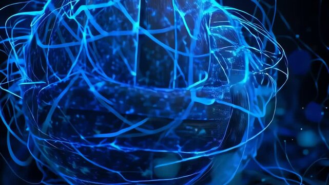 abstract glowing blue neural network sphere with intertwined lines on dark background technology concept