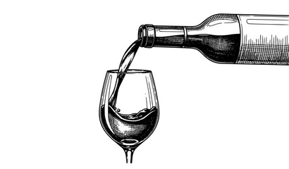Fototapeta premium Vintage wine pouring illustration with bottle and glass hand drawn winery sketch vector