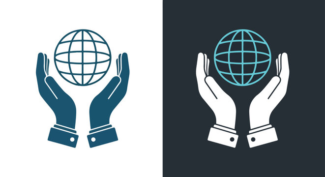 Human hands cradling planet earth graphic - Line and glyph solid icon and logo template - Clipart, sticker - icon set
