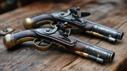 Obraz premium Vintage flintlock pistols on a rustic surface showcasing exquisite historical craftsmanship, authentic retro setting, heritage collectibles photography, with copy space