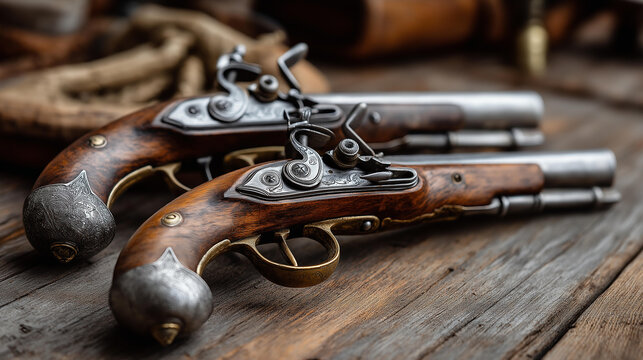 Vintage flintlock pistols on a rustic surface showcasing exquisite historical craftsmanship, authentic retro setting, heritage collectibles photography, with copy space
