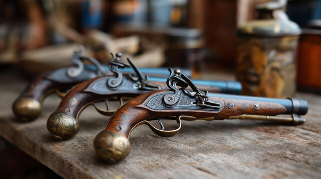 Vintage flintlock pistols on a rustic surface showcasing exquisite historical craftsmanship, authentic retro setting, heritage collectibles photography, with copy space