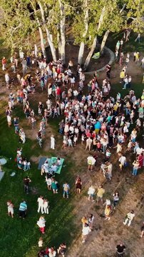 Cherkasy, Ukraine - Aug 24, 2018 - Drone view of Independence Day on Dnieper Riverbank