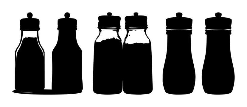 Salt and pepper shakers set with black silhouette shapes against white background featuring kitchen accessories, dry seasonings, tableware with monochrome and cooking tools