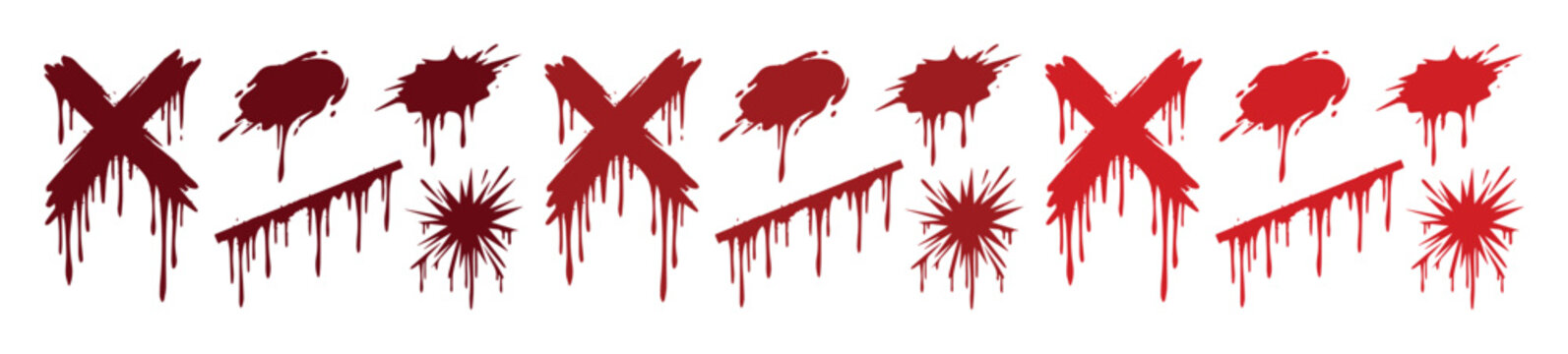 Dripping red blood splatters and cross marks, horror paint splashes with liquid drips, set of 15 macabre gore vector elements for halloween