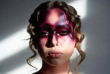 Obraz premium A young woman with elaborate, dark purple and red face paint is posed in a studio setting. She has a dramatic hairstyle and intense eye makeup, looking directly at the camera.