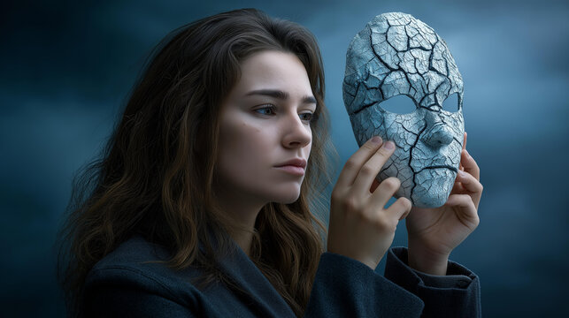 Person holding a cracked mask in a moody artistic setting, neurodivergent masking concept, hidden emotions and social masking, ADHD and autism awareness, with copy space