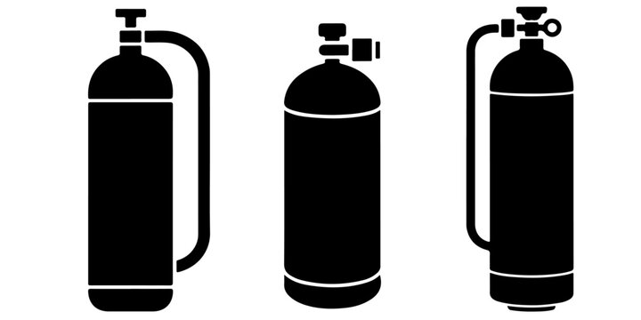 Oxygen tank and gas cylinder icons in multiple styles representing respiratory support equipment, medical oxygen supply, and emergency breathing devices