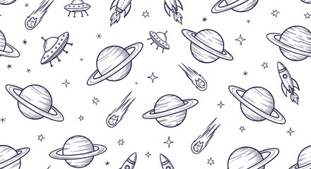 Space Themed Pattern Vector Illustration with Planets, Rockets, UFOs, and Comets for Science Fiction and Astronomy Design Projects © MDRahamat