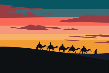 Fototapeta premium Camel Caravan Silhouette in Desert at Sunset, Concept for Middle East Tourism, Heritage, Trade, and Global Adventure Vector Illustration 