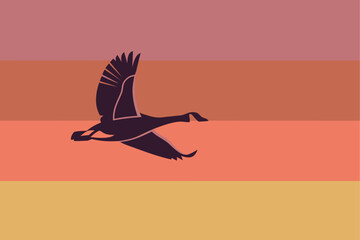 Fototapeta premium Minimalist Bird in Flight Silhouette on Retro Sunset Striped Background, Concept for Migration, Freedom, and Nature Conservation Vector Illustration 